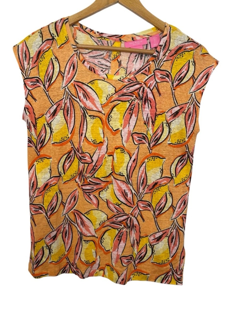 Isaac Mizrahi New York Women Shirt M Orange Linen Floral Scoop Neck Coastal